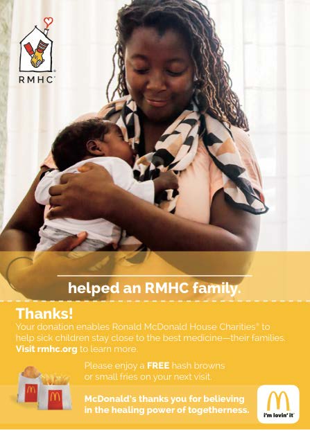 RMHC McDonald's National Fundraiser tear pad featuring a mom and her infant